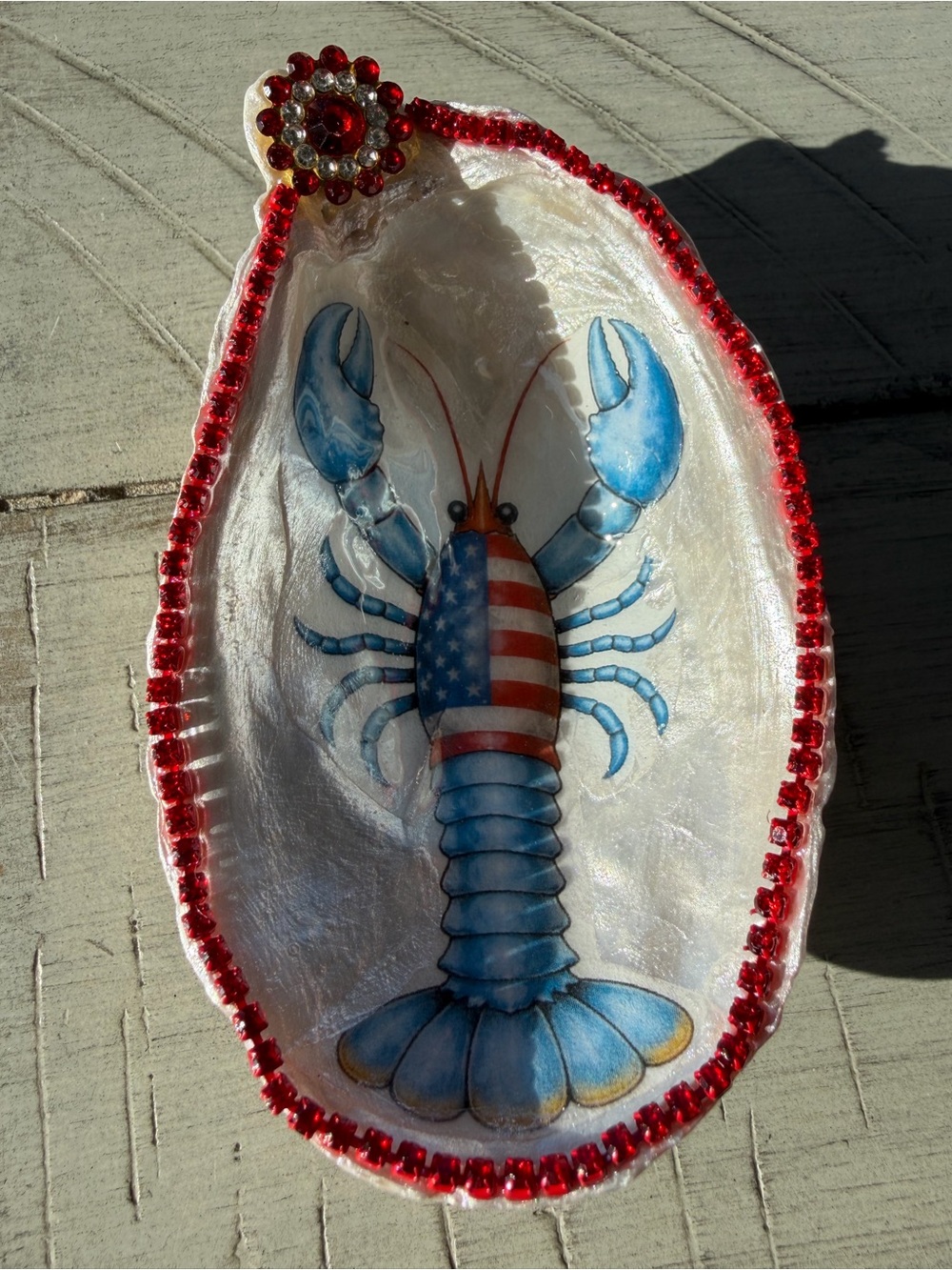 Handmade patriotic lobster decoupage oyster shell trinket dish  red rhinestones